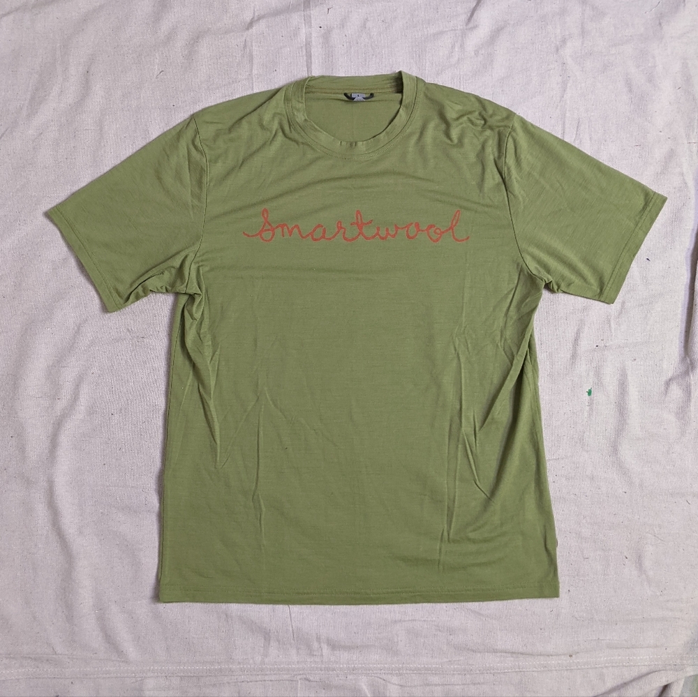 Smartwool Merino Wool T-Shirt Green with Spellout Logo - Picture 1 of 6